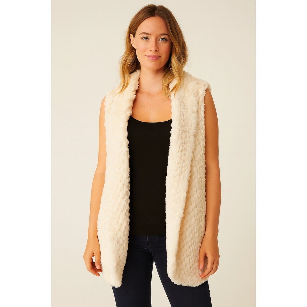 Love Token Faux Fur‎ Vest Sleeveless Ivory Cream Open Front Cozy Casual Layering